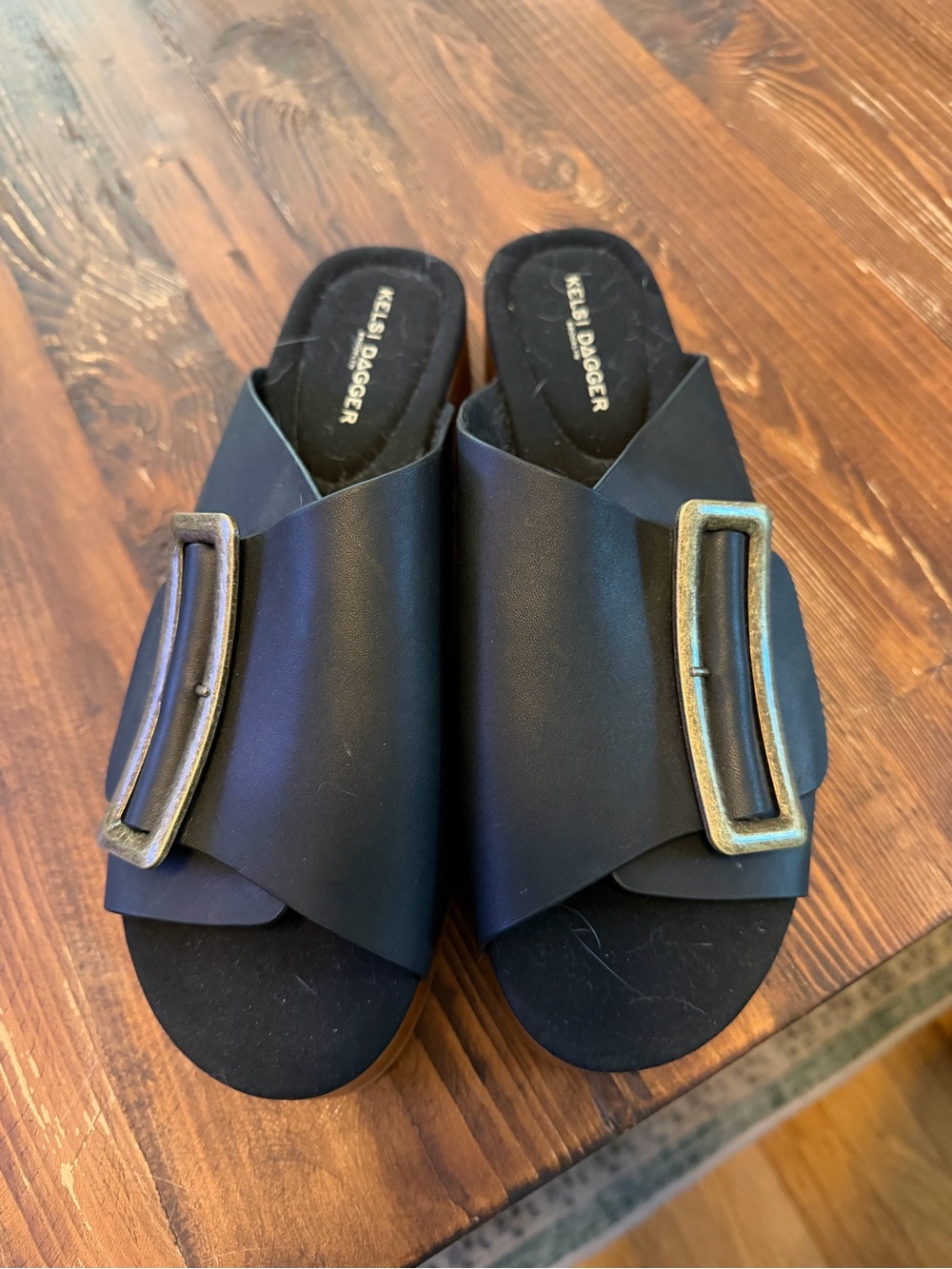 Kelsi Dagger Black Leather Slide Mules with Antique Gold Buckle